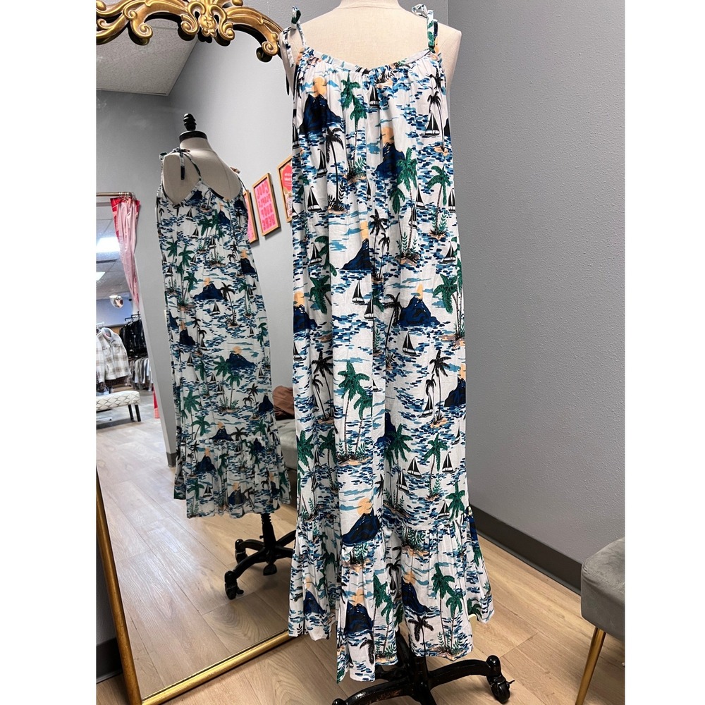 Emerson Fry Maxi Dress Womens XS/S White Tropical Island Print Excellent Ruffle